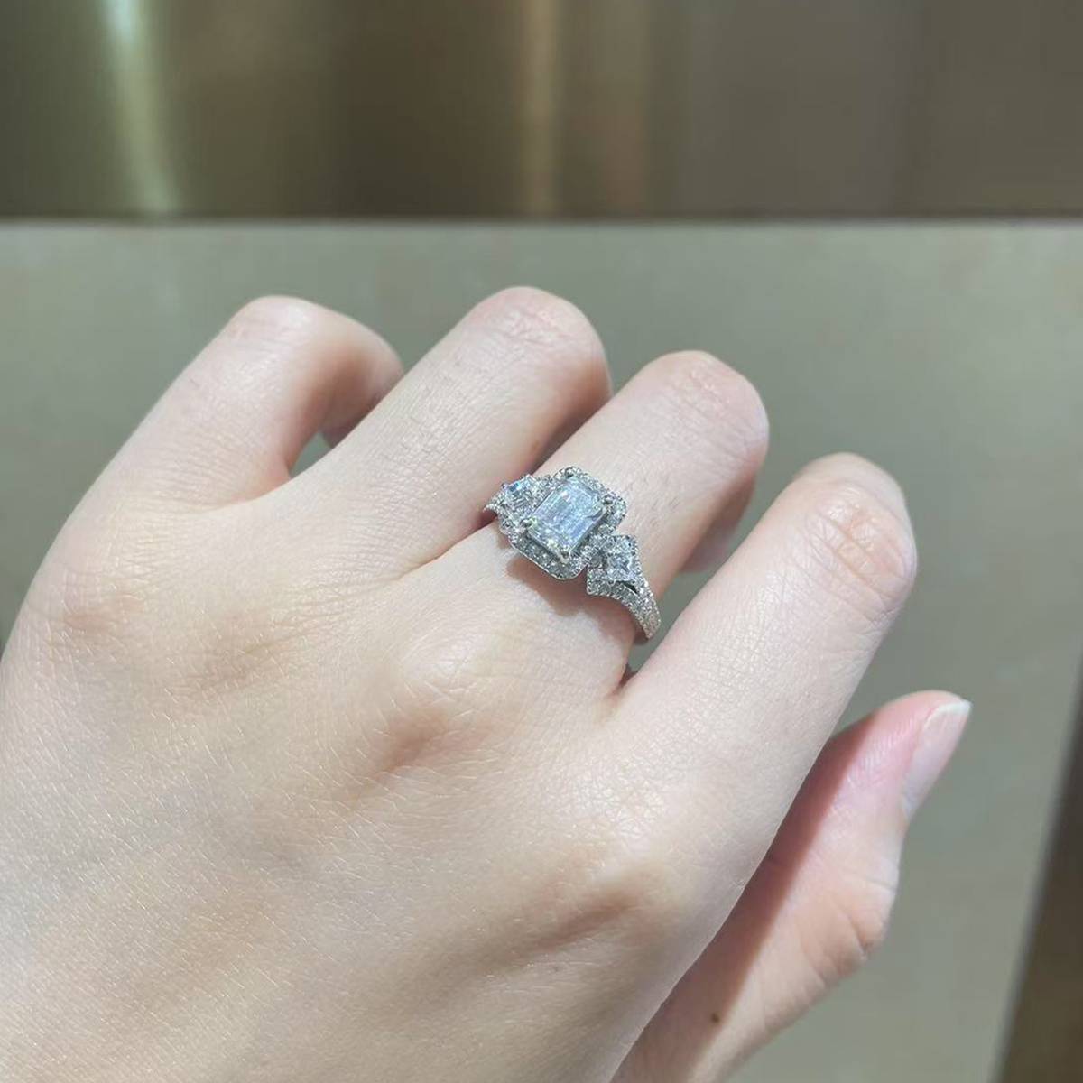 Rectangular Diamond Women's Ring S925 Silver Plated Platinum Customized Selection Main Stone Moissanite 1.0ct/Side Stone Cubic Zirconia